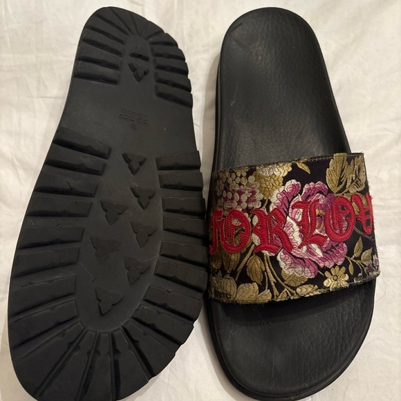 GUCCI Blind For Love Embroidered Jacquard Track Pool Slides Men’s Sz 12 EUC AUTH - Picture 5 of 6
